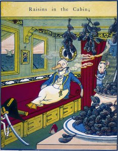 ""Druer i kahytten"", scene i en skibs kahyt med en klase vindruer i forgrunden - i ""Routledges farvede billedbog"", indeholdende ""The Grizzly Bear King"", ""The magic boat", ""Rumpelstiltskin"", og ""Puffys eventyr"", af Walter Crane