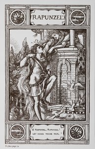 Rapunzel læner sig ud af vinduet i et tårn, mens en prins klatrer op i hendes hår. af Walter Crane