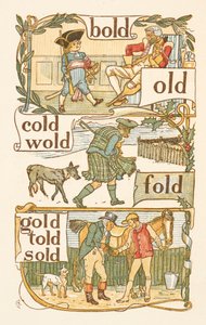 Rimende ord, der ender på bogstavet D. En dreng klædt ud som soldat. En skotte. En jockey. Den gyldne primer. af Walter Crane
