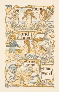 Rimende ord, der ender på bogstavet D. Havfruer. Børn bygger sandslotte på en strand. Den gyldne primer. af Walter Crane