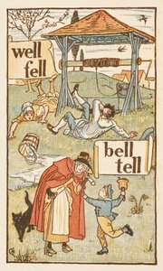 Rimende ord, der ender på bogstavet L. En dreng med en klokke. En gammel kvinde og hendes kat. Den gyldne primer. af Walter Crane