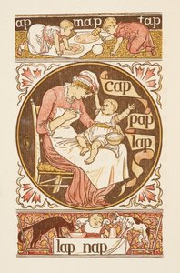 Rimende ord, der slutter på bogstavet P. En illustration, der viser en kvinde, der fodrer et barn. Den gyldne primer. af Walter Crane
