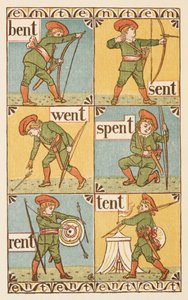 Rimende ord, der ender på bogstavet T. En dreng med bue og pil. Den gyldne primer. af Walter Crane