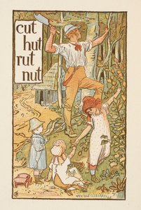 Rimende ord, der ender på bogstavet T. En illustration, der viser en mand, der hugger et træ. Tre børn er med ham. Den gyldne primer. af Walter Crane
