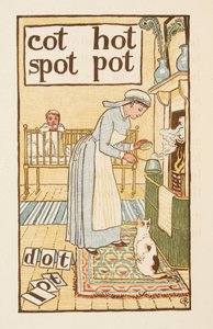 Rimende ord, der ender på bogstavet T. En illustration, der viser en sygeplejerske, der koger en gryde til et sygt barn. Den gyldne primer. af Walter Crane