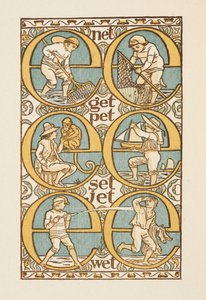 Rimende ord, der illustrerer brugen af bogstavet E. Den gyldne grundbog. af Walter Crane