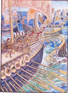 Skib styrtede mod skib, indtil de persiske døde strøede dybet som blomster, illustration fra The Story of Greece, 1930
