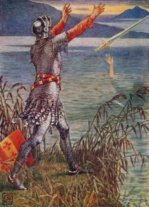 Sir Bedivere kaster sværdet Excalibur i søen, 1911. af Walter Crane
