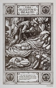 Tornerose ligger og sover omgivet af en sovende hund og et musikinstrument, mens Prince Charming våger over hende. af Walter Crane