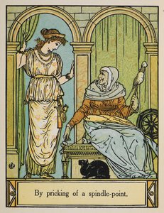 Tornerose står ved siden af en gammel kvinde med spindehjul og tråd. En sort kat sidder nedenunder. af Walter Crane