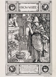 Snehvide og heksen, der passer sit æble - i "" Husholdningshistorier fra samlingen af Bros Grimm", oversat fra tysk af Lucy Crane, London mac millan & Co ltd af Walter Crane
