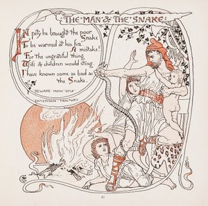 The Man & The Snake, illustration fra Aesops Fables, pub. 1887
