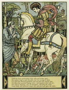 Prinsen spørger om vej fra The Blue Beard Picture Book, pub. 1879 (farve litho) af Walter Crane