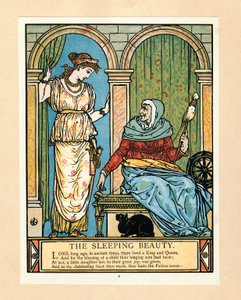 Prinsessen lærer at spinde, fra The Blue Beard Picture Book, pub. 1879 farvelitografi, 1879. af Walter Crane