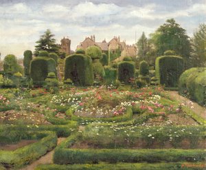 The Topiary Gardens, Levens Hall, Cumbria, 1886 (olie på lærred lagt om bord) af Walter Frederick Roofe Tyndale