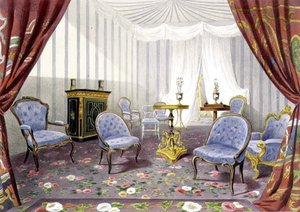 Crystal Palace, Dronningens Retiring Room, fra Erindringer om den store udstilling (farve litho) af Walter Goodall