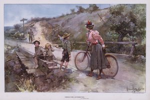 Rådgivende myndigheder: kvinde ude på cykeltur og spørger en gruppe børn om vej (farve litho) af Walter Granville Smith