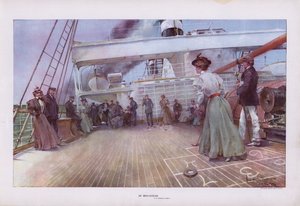 I Mid-Ocean: passagerer, der nyder et spil shuffleboard om bord på et skib (farve litho)