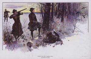 Woman Fair and Turkeys Wild: jagt vilde kalkuner (farve litho)