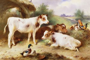 Kalve og Fjerkræ ved en Byre af Walter Hunt
