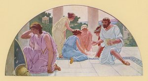 Akilles forklædt som skolepige opdaget af Odysseus (farvelitografi)