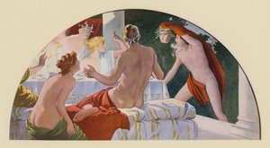 Perseus konfronterer Polydectes med gorgonen Medusas hoved (farvelitografi)