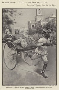 Britisk sømand og soldat tager en tur i en rickshaw gennem gaderne i Durban under en pause i kampene i Boerkrigen (litho) af Walter Paget
