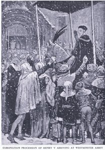 Kroningsoptog af Henry V, der ankommer til Westminster Abbey 1413, fra Cassells History of the British People udgivet af Waverley Book Company Limited, ca. 1940 af Walter Paget