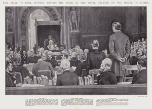 Retssagen mod Earl Russell foran hans jævnaldrende i Royal Gallery of the House of Lords, Westminster (litho) af Walter Paget