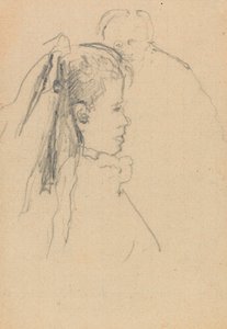 Hoved og buste af en pige i profil til højre, hoved af en mand, fuld foran, bagved (grafit på papir) af Walter Richard Sickert