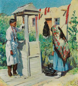 A Pueblo Well Scene (olie på lærred) af Walter Ufer