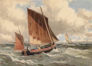 Fransk lugger på vej ud på havet (farvelitografi) af Walter William May