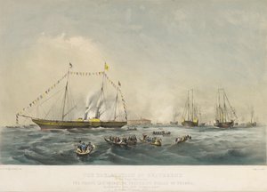 Prins Frederik Vilhelm IV af Preussen (1795-1861) og hans hustru Elizabeth af Bayern (1801-1873) går om bord på skibet Victoria and Albert i Gravesend, England, den 2. februar. af Walter William May