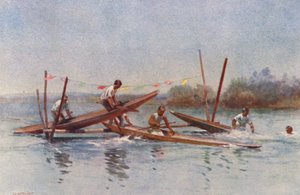 New Zealand: Canoe Hurdle Race (farvelitografi)