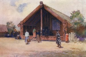 New Zealand: Udskåret hus, Ohinemutu (farvelitografi)