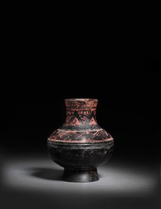Lille rødmalet sortlakeret sort keramikkrukke, Hu, 476-221 f.Kr. af Warring States period Chinese School