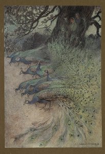 Plade 11: "Hundreder af påfugle af smukke faner kom til dæmningerne for at spise khaien", fra Folk-Tales of Bengal ... Med 32 illustrationer i farver af Warwick Goble. (Edition de luxe.) af Warwick Goble