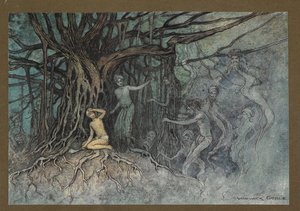 Plade 19: "I det øjeblik det første slag blev givet, skyndte rigtig mange spøgelser mod Brahmanen, fra "Folk-Tales of Bengal ... Med 32 illustrationer i farver af Warwick Goble (Edition de luxe.) af Warwick Goble