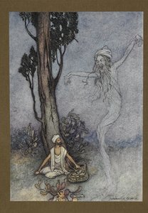 Plade 26: "Nu barber, jeg vil ødelægge dig. hvem vil beskytte dig?", fra Folk-Tales of Bengal ... Med 32 illustrationer i farver af Warwick Goble (Edition de luxe.) af Warwick Goble
