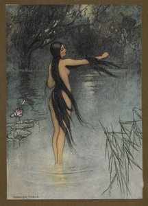 Tavle 29: "Da hun kom op af vandet, sikke en forandring i hende!", fra Folk-Tales of Bengal ... Med 32 illustrationer i farver af Warwick Goble (Edition de luxe.). 1914
