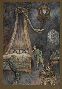 Plade 3: "Han skyndte sig ud af sit skjulested og dræbte slangen", fra Folk-Tales of Bengal ... Med 32 illustrationer i farver af Warwick Goble. (Edition de luxe) af Warwick Goble