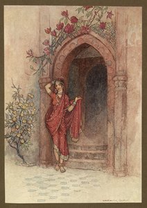 Plade 5: "At the door of which standed a lady of exquisite beauty", fra Folk-Tales of Bengal ... Med 32 illustrationer i farver af Warwick Goble. (Edition de luxe) af Warwick Goble