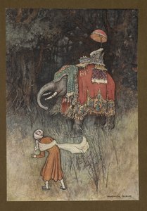 Plade 8: "Pludselig fløj en elefant smukt over sin vej", fra Folk-Tales of Bengal ... Med 32 illustrationer i farver af Warwick Goble (Edition de luxe) af Warwick Goble