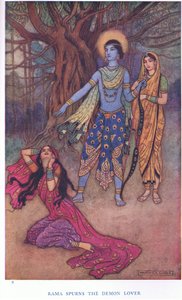 Rama foragter dæmonelskeren (farve litho) af Warwick Goble