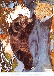 Den brune bjørn (Ursus arctos), klatrer efter honning, illustration fra 