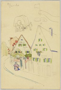 Gyde med gavlhuse og overdækkede vogne, verso: Udsigt over et sted med en løgkuppelkirke af Wassily Kandinsky