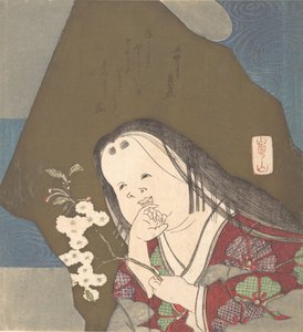 Otafuku holder en gren af dobbelte hvide kirsebærblomster, ca. 1840.