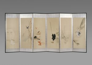 Foldeskærm: Flowers of the Tolv Months, ca. 1900 (blæk og farve på papir)