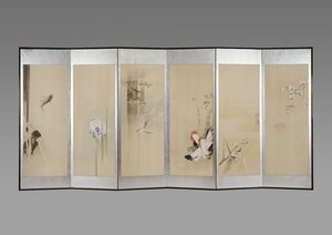 Et par foldeskærme: Flowers of the Tolv Months, ca. 1900 (blæk og farve på papir)