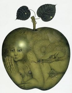 Apple and Eve and Serpent (blyant og farvekridt på papir) af Wayne Anderson